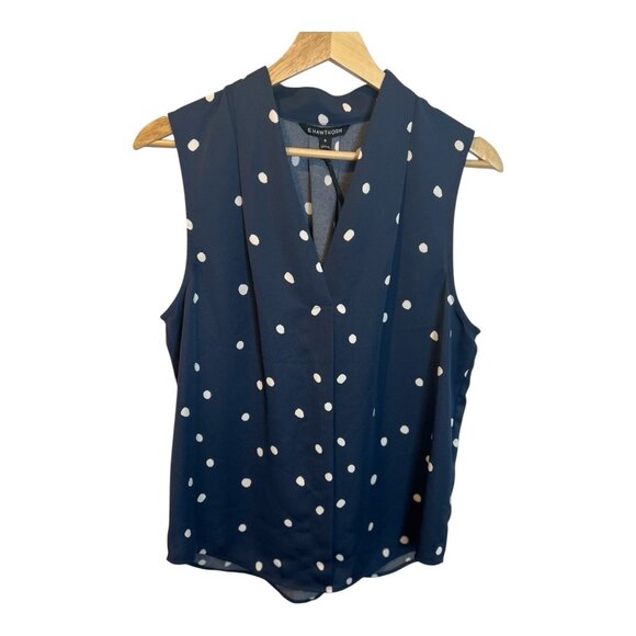 41 Hawthorn Polka Dot Sleeveless Blouse Top Med Navy White V-Neck Flowy Coastal - Picture 2 of 7